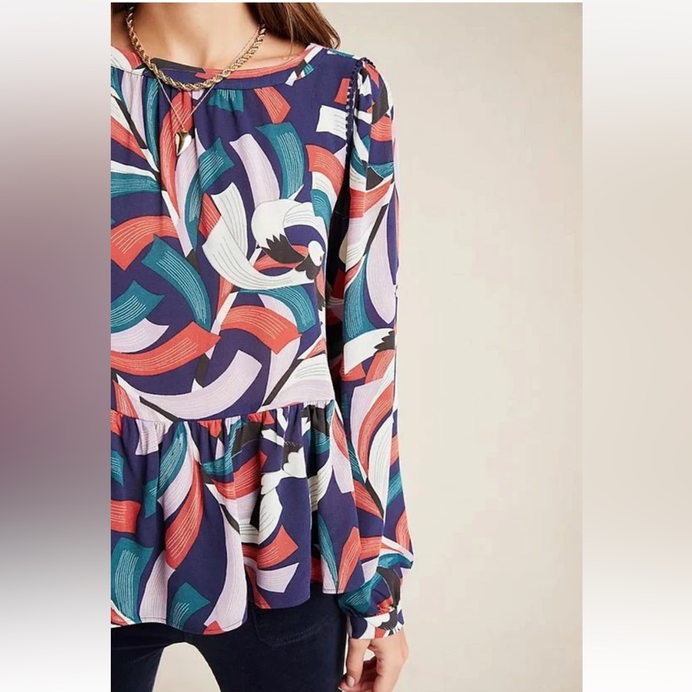 Anthropologie Maeve Cheyenne Peplum Blouse Women Long Sleeve Bird artsy L